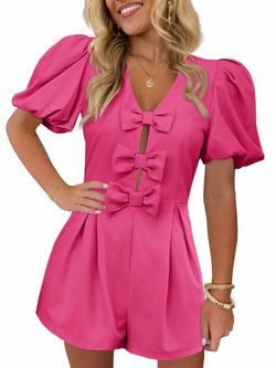 Brand New Medium Cicy Bell Womens Cute Rompers Bow Front Puff Sleeve V Neck Short Jumpsuits Sexy Summer Outfits with Pockets