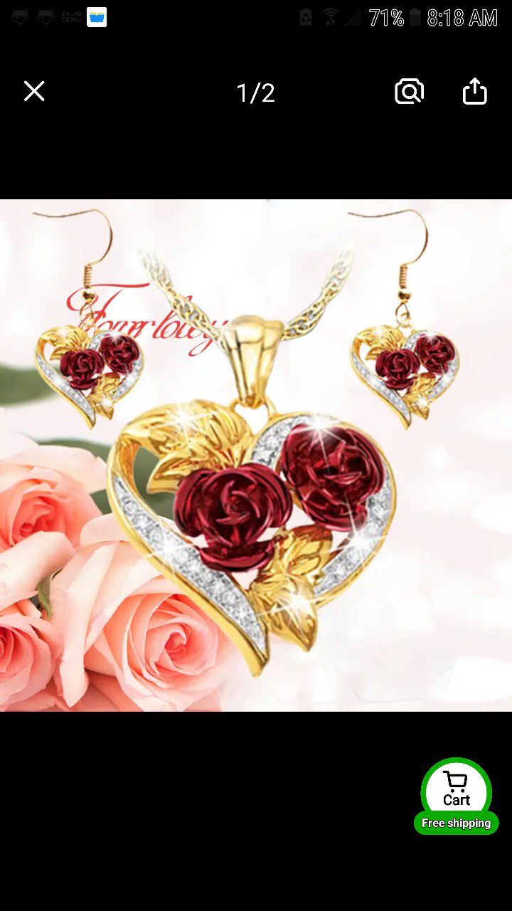 2pc Crystal heart rose flower pendant necklace earring set the forever love you