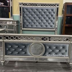 Queen Grey Velvet Mirrored Bed Frame Brand New In Box 