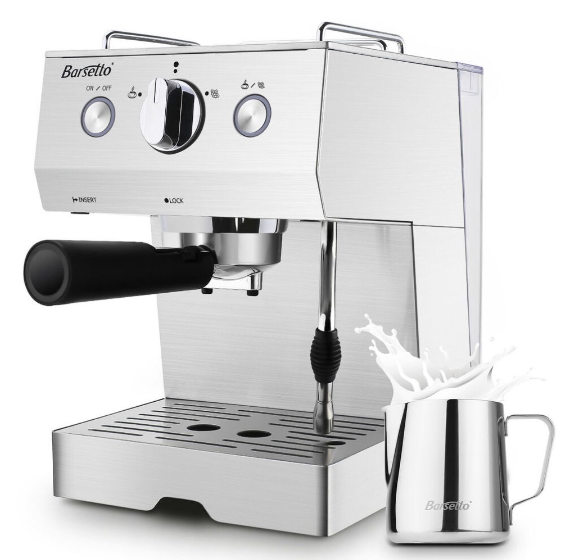 Barsetto Espresso Machine With Milk Frother,Espresso Maker, Coffee Maker with milk steamer,1050W,15 Bar Pump,Stainless Steel