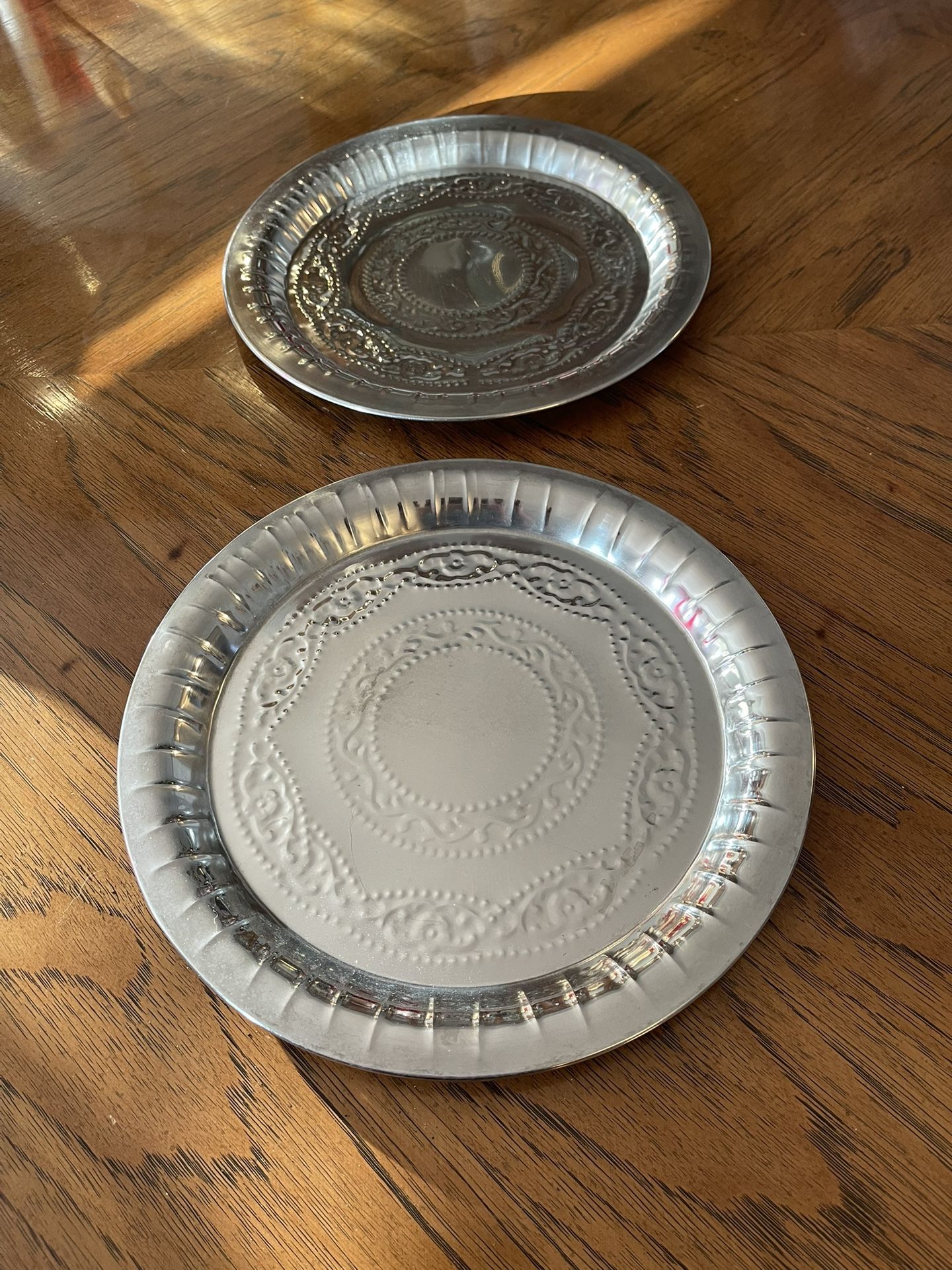 2 Round Metal Silver Colored Serving Trays or Platters