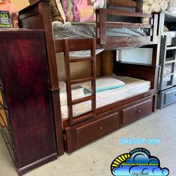 Brown Bunk Bed Twin Over Twin With Trundle Drawer & Both Mattresses- Litera Completa Cafe 