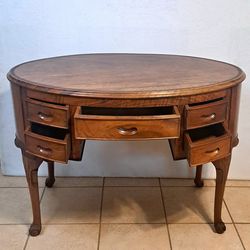 Antique Oval Wood Desk - 5 Drawers, Cabriole Legs, Great Condition