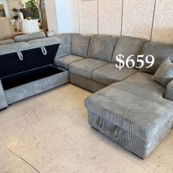 XL Sectional Sofa With Pull-out Bed & Storage Grey Corduroy 