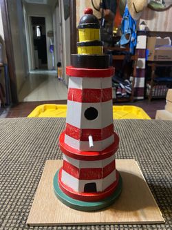 Red & White Striped Wooden Birdhouse Lighthouse