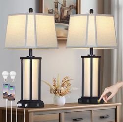 27" Tall Vintage Table Lamp Set of 2 with USB C+A & Outlet,Black Industrial End Table Lamp for Living Room,Farmhouse Rustic Bedside Lamps with Bell La
