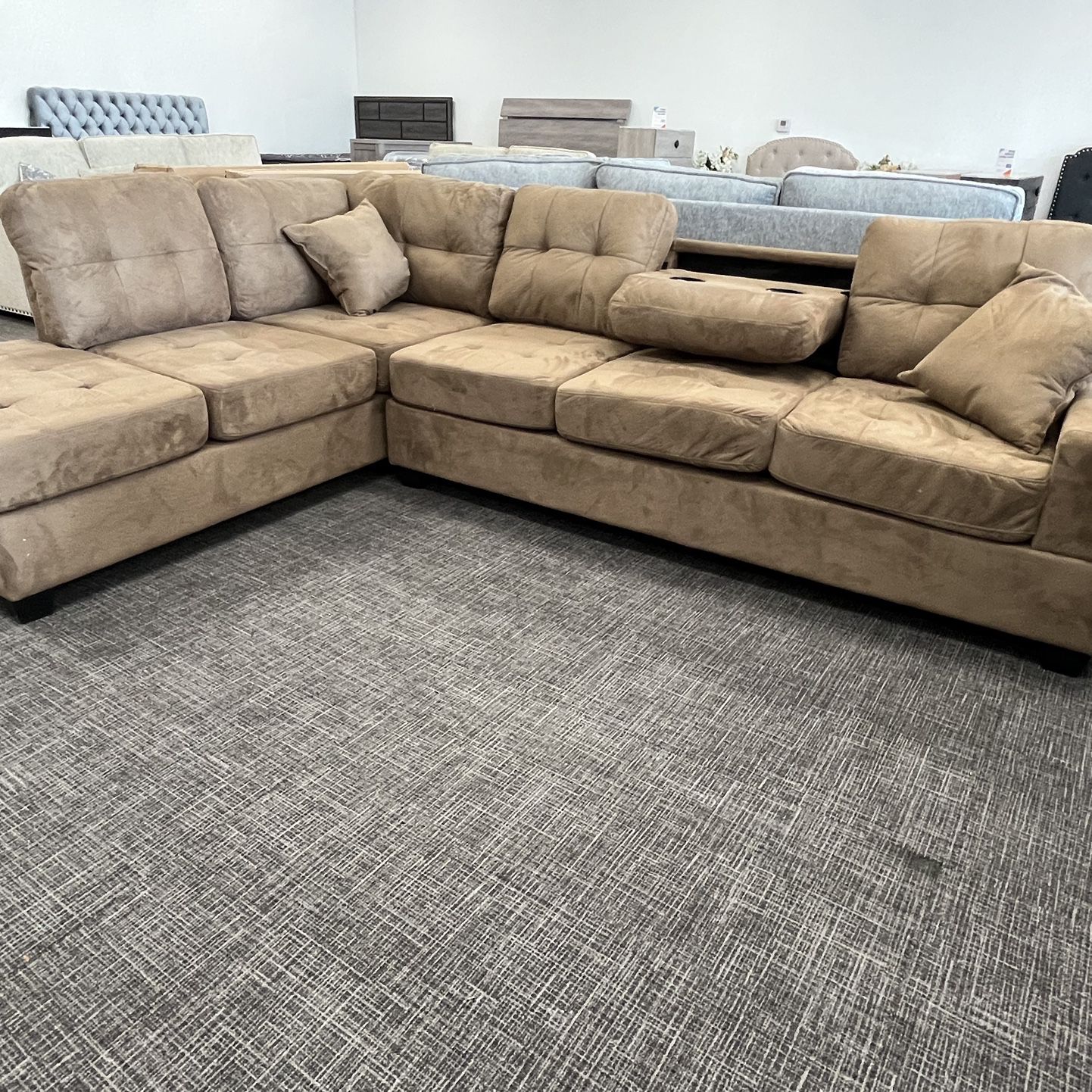 Sofa Suede Sectional Set W/cupholders