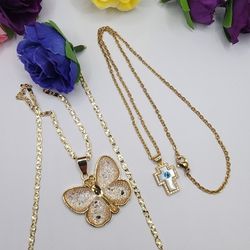 Butterfly Cross Chains Set Gold-plated Stainless Steel 
