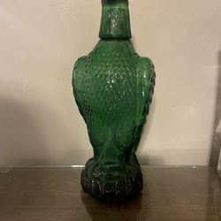 Vintage Green Glass Eagle Bottle And Shot Glass 