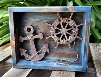 8x10 Nautical Ship Wheel And Anchor Frame Teal Brown Antique Aqua
