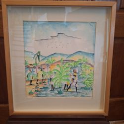 Framed Vintage (Haitian ?) Folk Art Watercolor