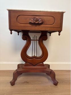 Vintage Solid Mahogany Lyre Side Table - Marble Top - Rose Detail