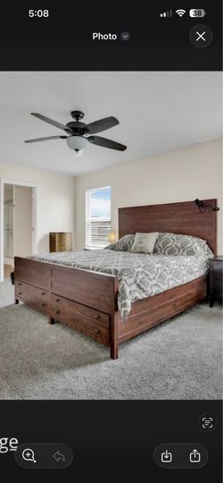 Queen bed, side table and tall dresser