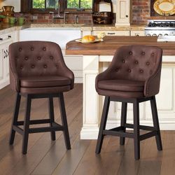 26.5 in. Red Brown Faux Leather Solid Wood Swivel Counter Height Bar Stool Double Cushion Bar stool with Rivets Set of 2
