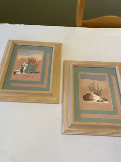 Southwest vintage artist signed Greg Anderson framed prints quail / cactus / pottery. SET OF 2!
