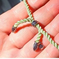 David Yurman 100% SILK Silver Charm GREEN Adjustable Silk Cord Rope Bracelet