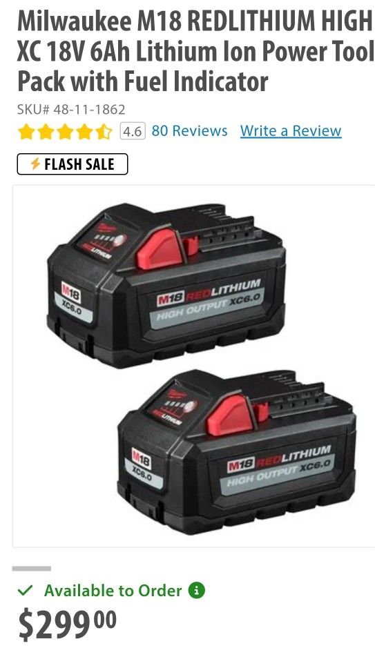Milwaukee M18 REDLITHIUM HIGH OUTPUT XC 18V 6Ah Lithium Ion Power Tool Battery Pack with Fuel Indicator