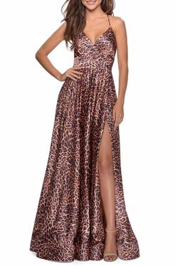 La Femme Leopard Print Satin Maxi Dress with Thigh Slit Size 2