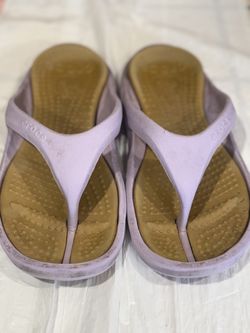 CROCS Purple and Tan Slip ons with Ergonomic Footbed