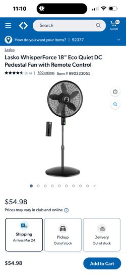 Lasko WhisperForce 18" Eco Quiet DC Pedestal Fan with Remote Control