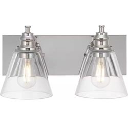Hampton Bay Manor 15.3 in. 2-Light Polished Nickel Industrial Bathroom Vanity Light with Clear Glass Shades
