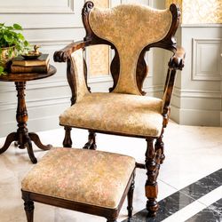 Antique 1800’s Wood Carved Ornate Chair With Ottoman 	Cottage 	•	English Cottage 	•	French Country 	•	Farmhouse 	•	Rustic 