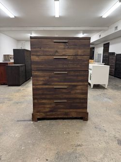 Tall Brown Wood Tone 5 Drawer Dresser Chest