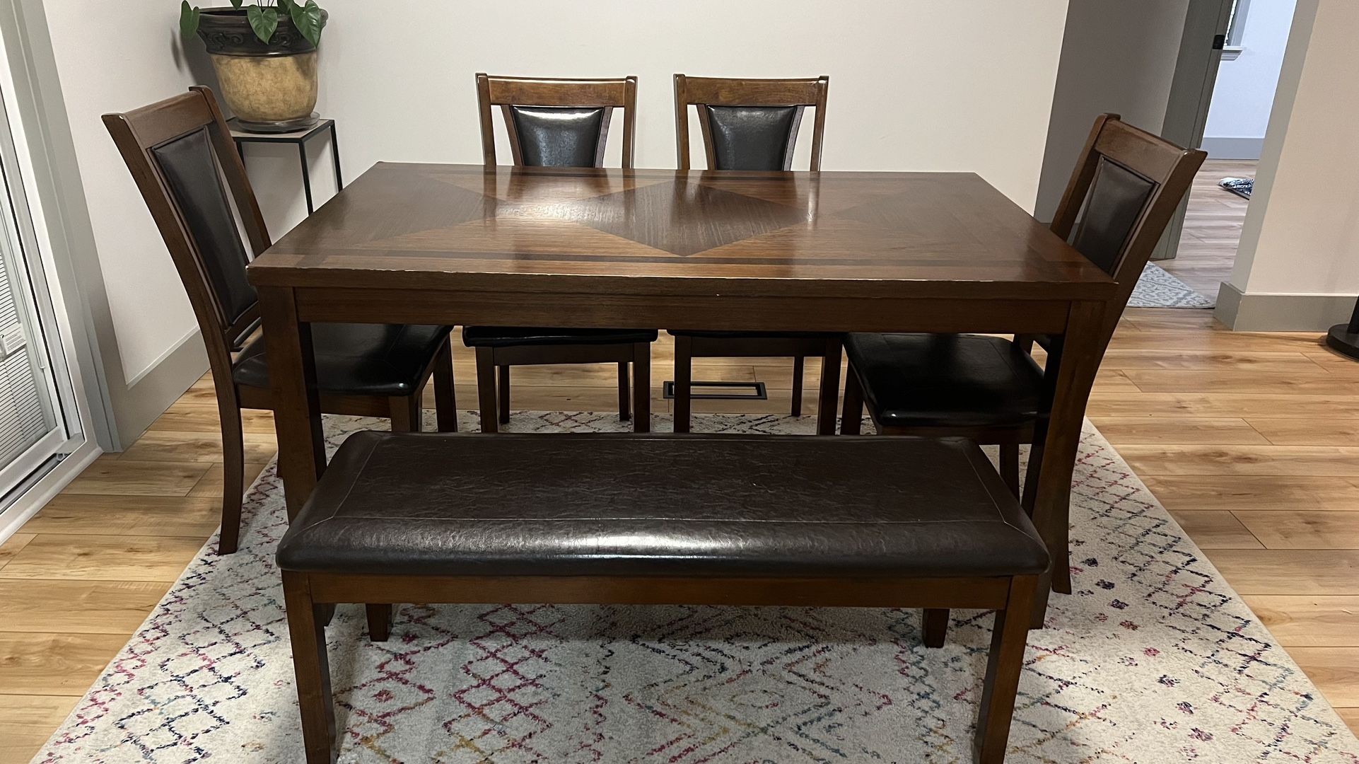 Elegant Walnut Dining Table Set – 4 Chairs + 1 Bench - $320