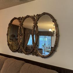 Vintage Mid Century Gold Bassett Triptych Hollywood Regency Oval Wall Mirror