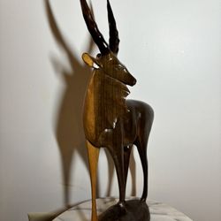 Vintage Hand Carved Wood Gazelle With Baby Sculpture 