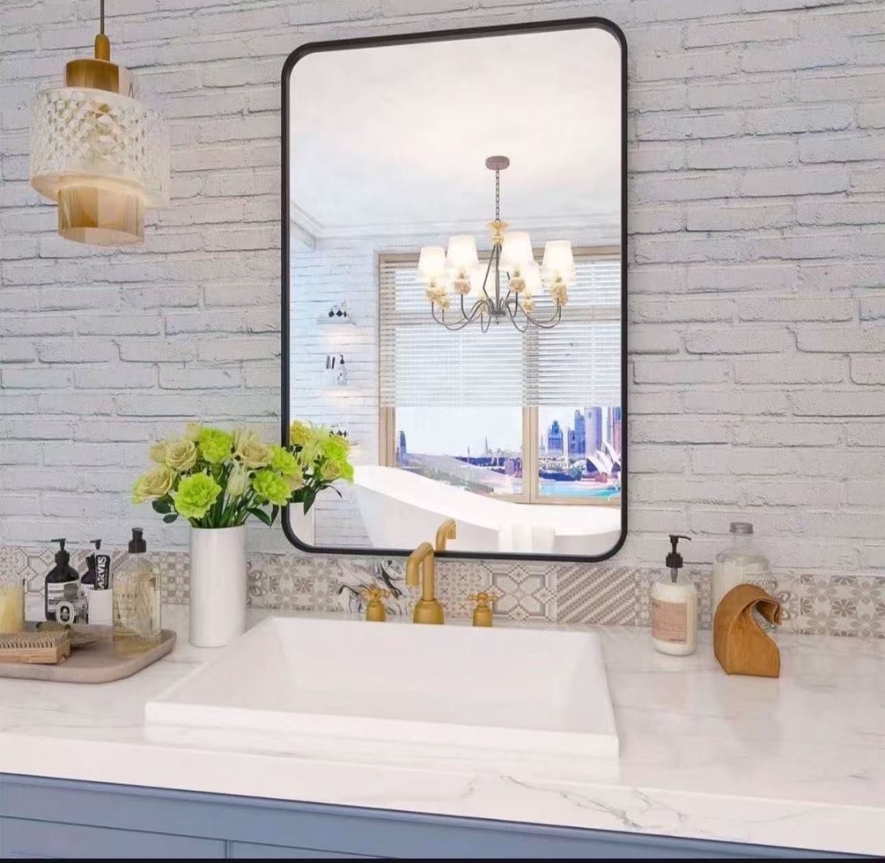 Black Bathroom Mirror for Wall, 20x28 Inch Metal Framed Rounded Rectangle Mirror, Wall-Mounted Bathroom Vanity Mirror for Over Sink, Matte Black Wall