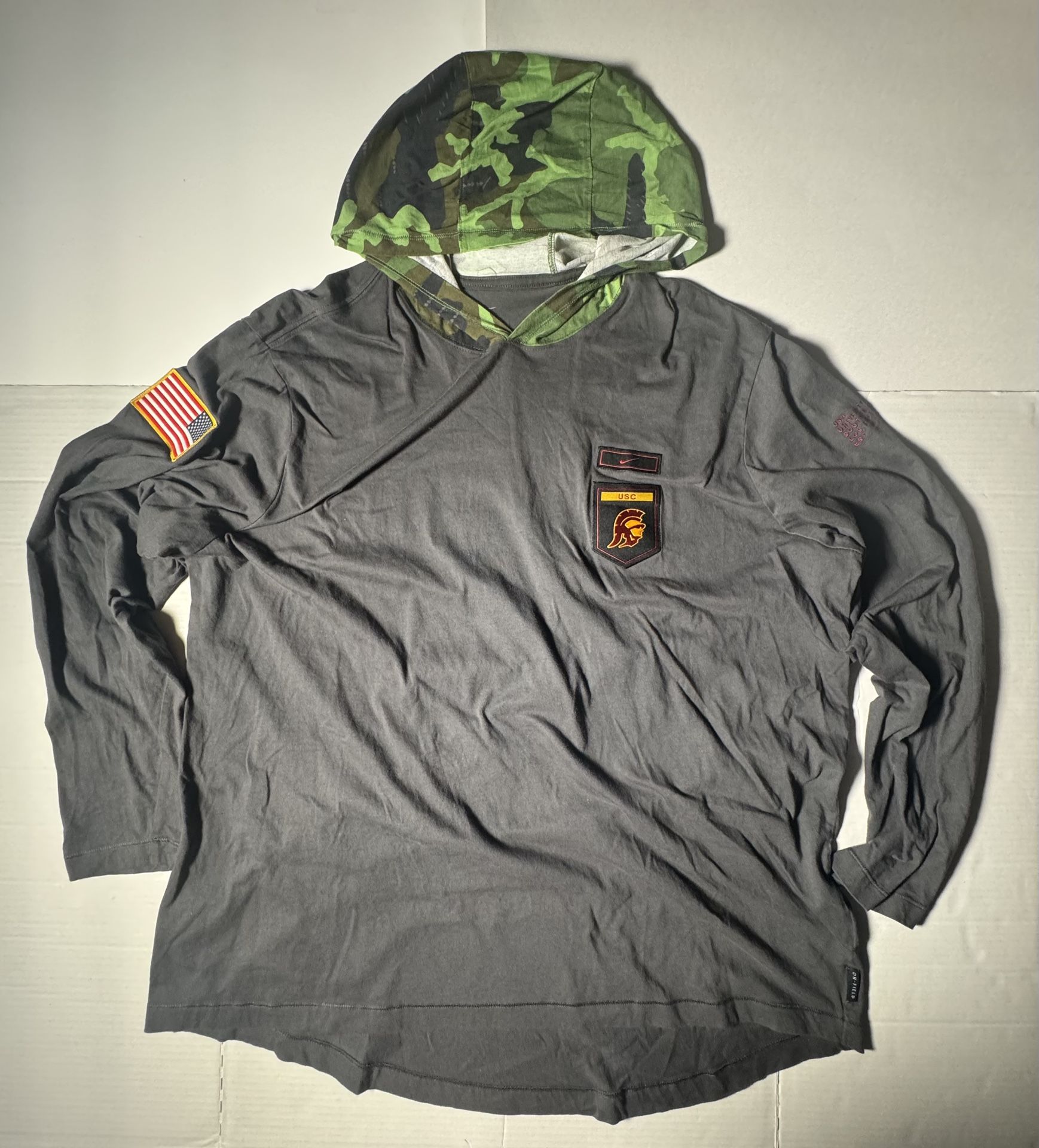 Pre Owned Fair Last Photo USC Trojans Military Nike On Field Long Sleeve T Shirt Hoodie Embroidered Patches Gray Green Camo Cardinal Red Gold M