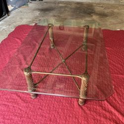 Vintage Heavy Glass Top Coffee Table With Metal Legs