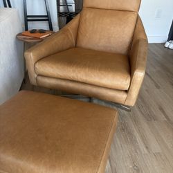 Brown leather West Elm Chair And Ottoman 