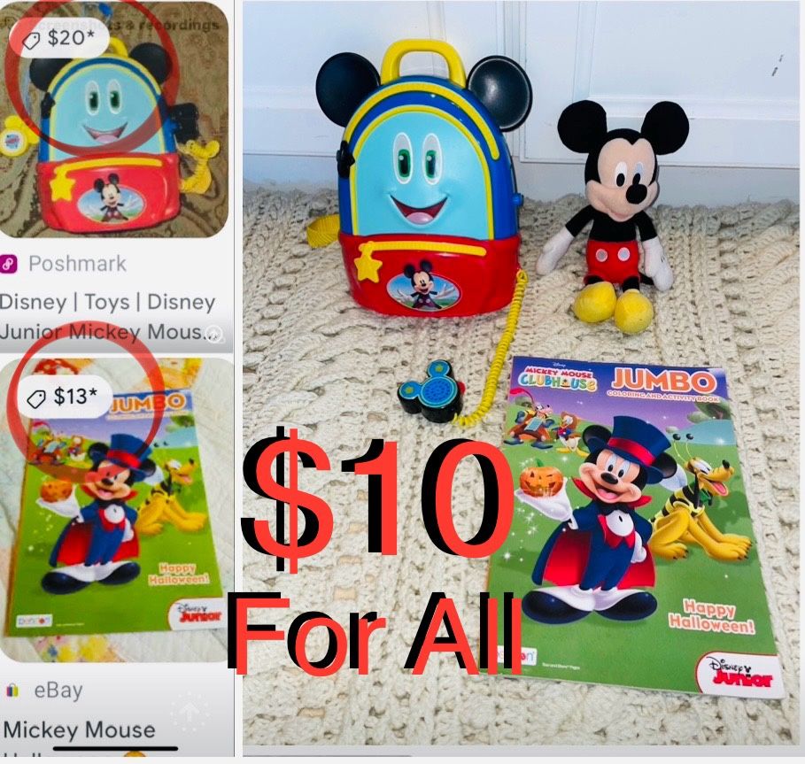$10 For All Disney Mickey Mouse Talking Backpack,🎒 Mickey Plushy,& New Disney Jumbo coloring Book