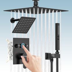 12" Matte Black Rain Shower System, Push Button Dual Shower Head System with 6" Rainfall Shower Head Set, Pressure Balance Rough-in Valve and Trim Kit