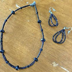 Black Jewel Seed Bead Choker Necklace + Dangle Loop Earrings SET Double Strand