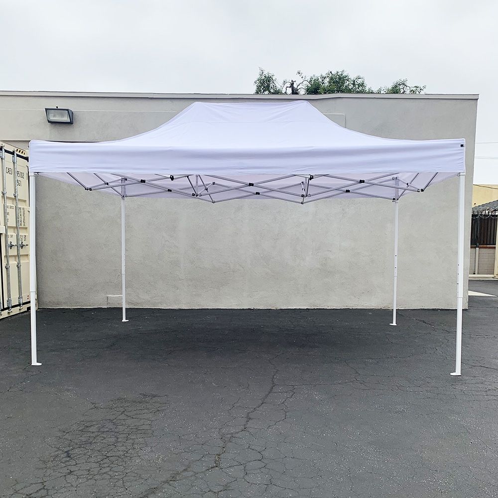New In Box $145 Heavy-Duty 10x15 ft Popup Canopy Tent Instant Shade with Carry Bag, White/Blue