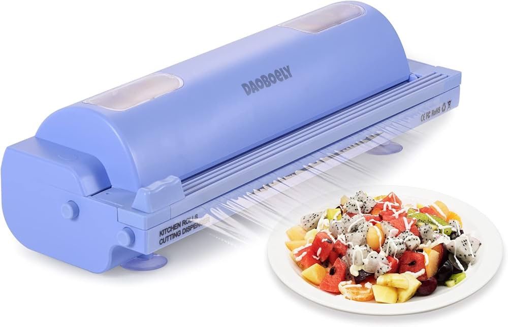Plastic Wrap Dispenser With Cutter - Refillable Wrap Dispenser With Slide Cutter, Reusable Cling Wrap Holder Storage Box with 12″x180' of Professional