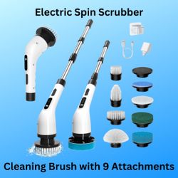 New, Electric Spin Scrubber Cleaning Brush with Nine Head Attachments