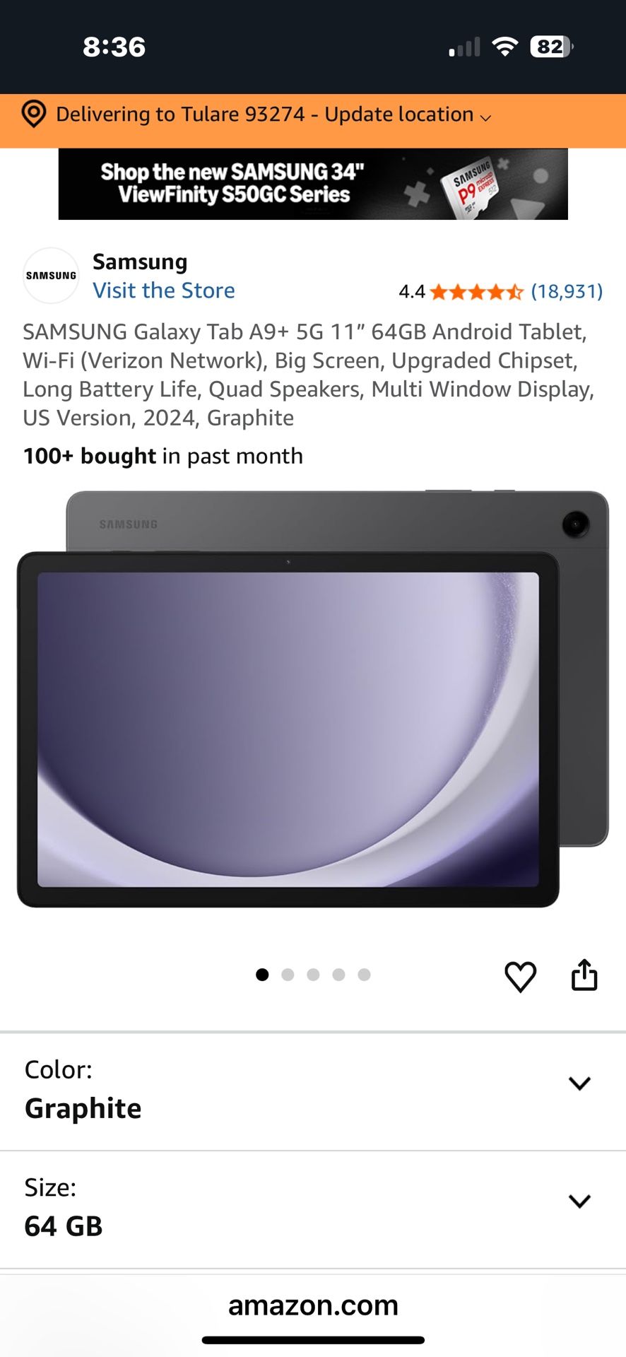 SAMSUNG Galaxy Tab A9+ 5G 11" 64GB Android Tablet, Wi-Fi (Verizon Network), Big Screen, Upgraded Chipset, Long Battery Life, Quad Speakers, Multi Wind