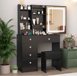 Black desk with sliding mirror and lights, vanity table with 6 drawers and cabinet, small vanity set with stool and chair, 3 modes adjustable LED slid