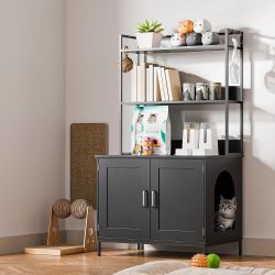 C232 $95 Cozy Castle Cat Litter Box Enclosure with Storage, 57'' Hidden Cat House Furniture, Wooden Cat Cabinet with Shelves & 4 S-Hooks, Indoor Cat L