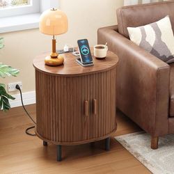 B713 $50 Oval End Table with Storage & Charging Station, Fluted Accent Side Table with Sliding Door & Adjustable Shelf, Mid-Century Modern Nightstand