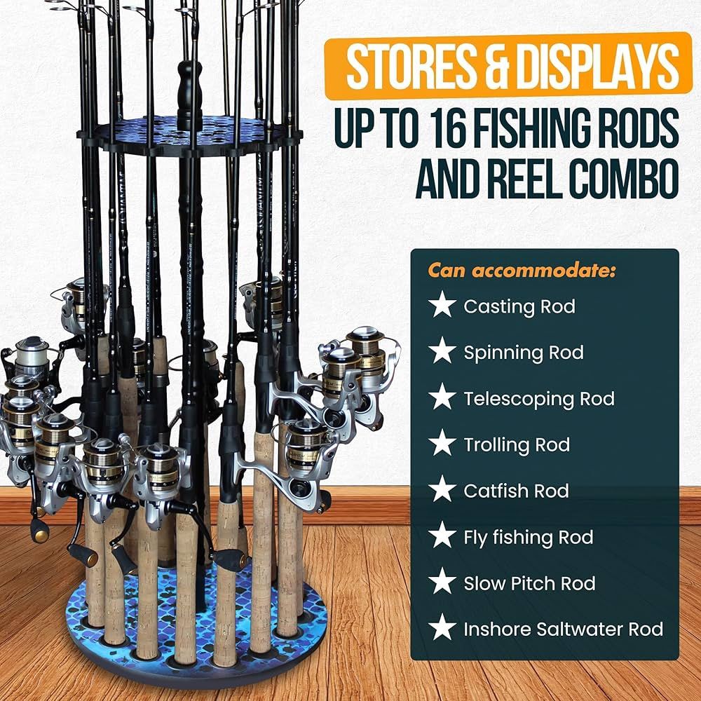 Rush Creek Creations Round Rotating Fishing Rod Rack, holds 16 freshwater fishing rods, equipment, and accessories $20