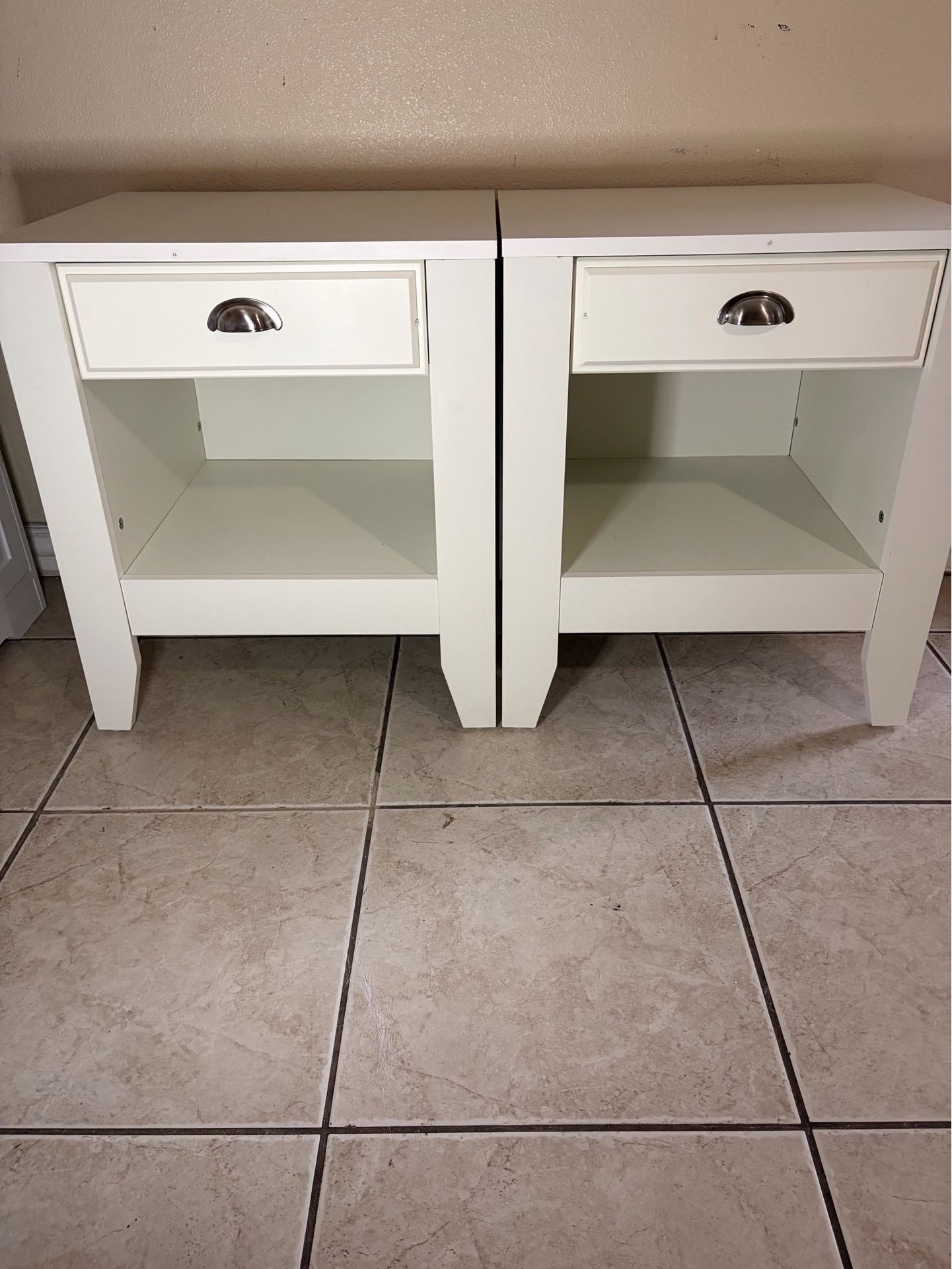 Set of 2 White Nightstands | Drawer & Shelf | Silver Hardware | Fully Assembled