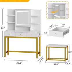 DWVO White Makeup Vanity Desk with LED Mirror + Stool