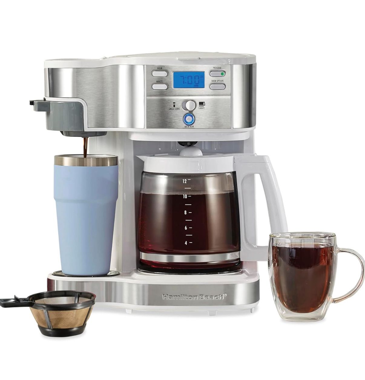 Hamilton Beach 2-Way Programmable Coffee Maker, 12 Cup Glass Carafe And Single Serve Coffee Maker, White with Stainless Steel Accents, 49933 