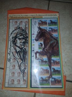Signed Roy Andersen US Stamp Sheets with Original Sketches