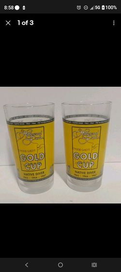 Set Of 2 Hollywood Park Gold 5" Cup Collectible Glass Native Diver Horse Racing